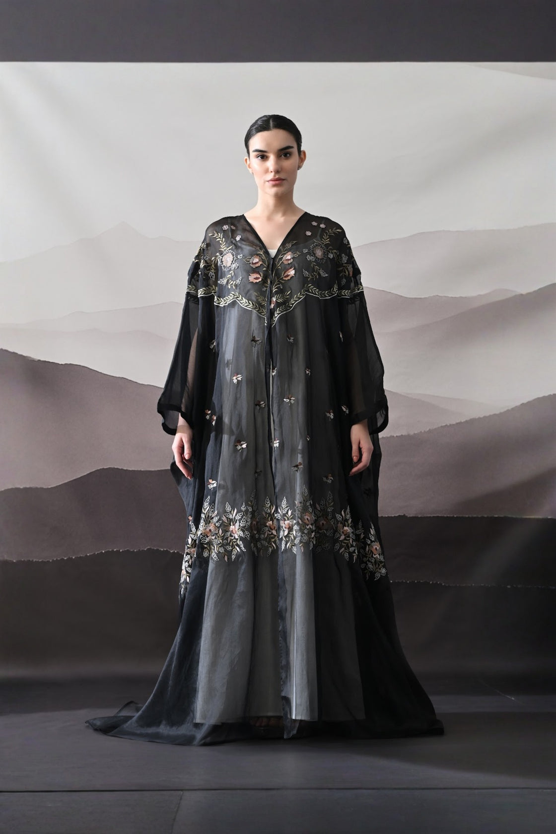 Black Kaftan With Hand-Embroidered Floral Panels