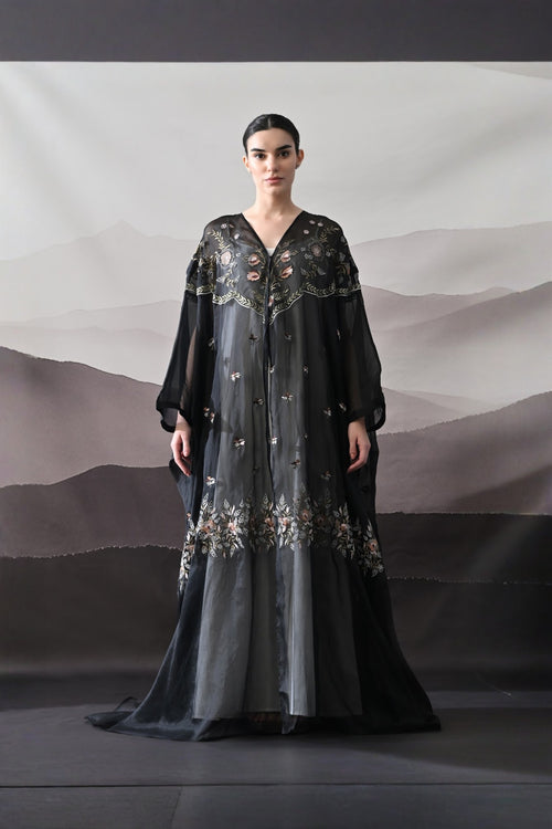 Black Kaftan With Hand-Embroidered Floral Panels
