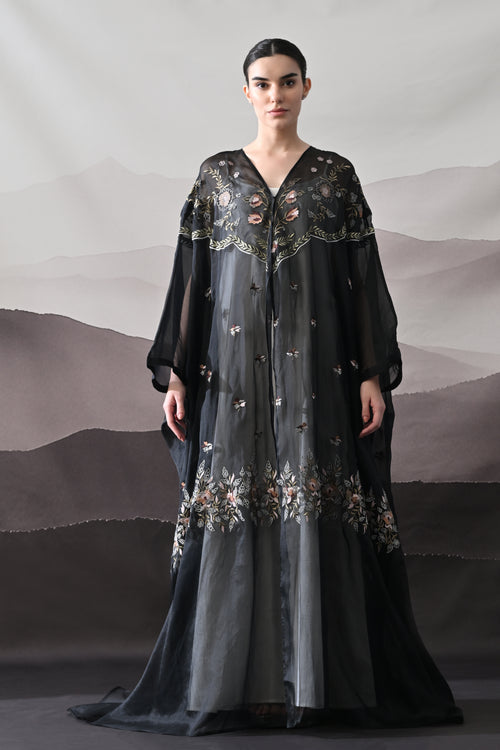 Black Kaftan with Hand-Embroidered Floral Panels