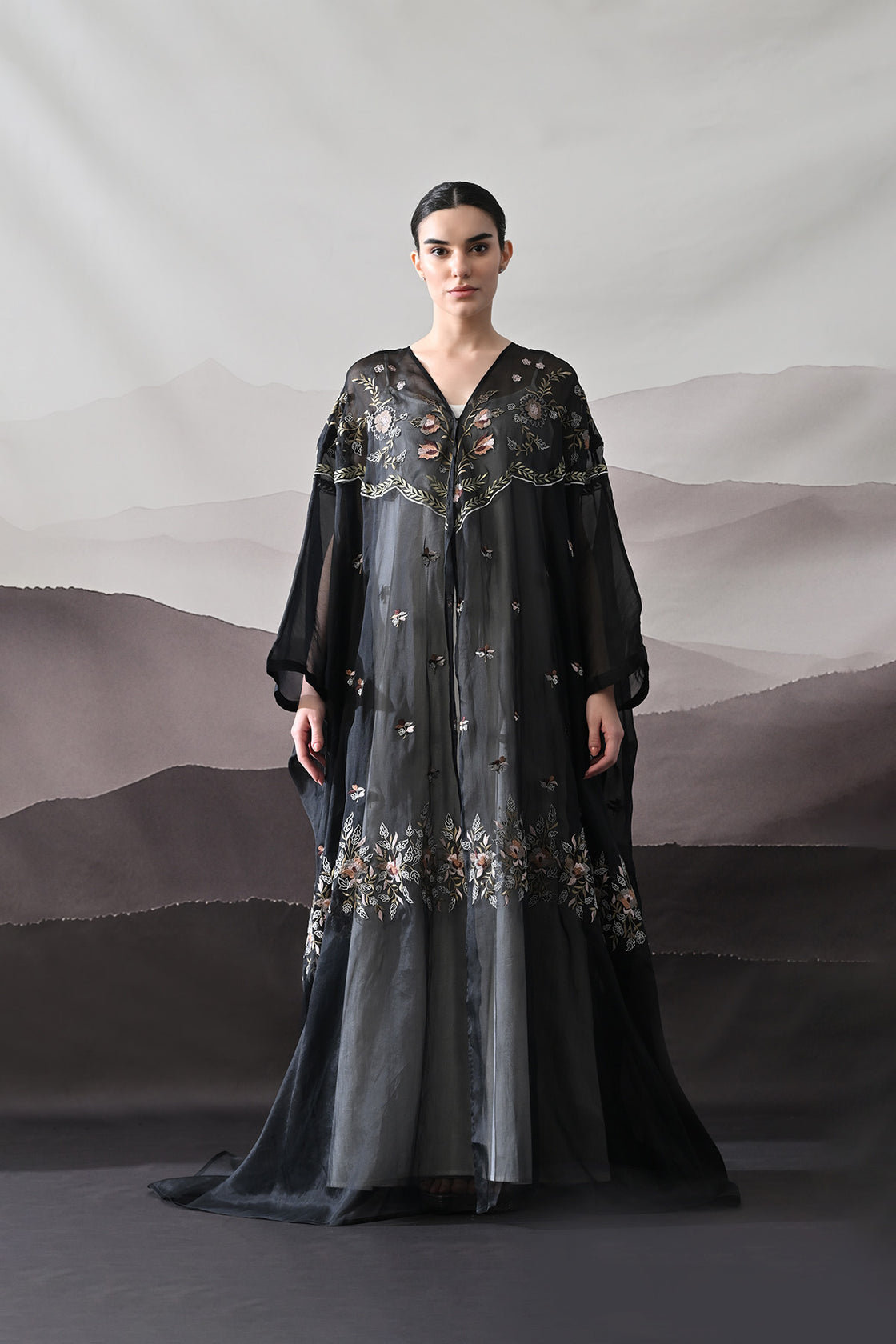 Black Kaftan With Hand-Embroidered Floral Panels