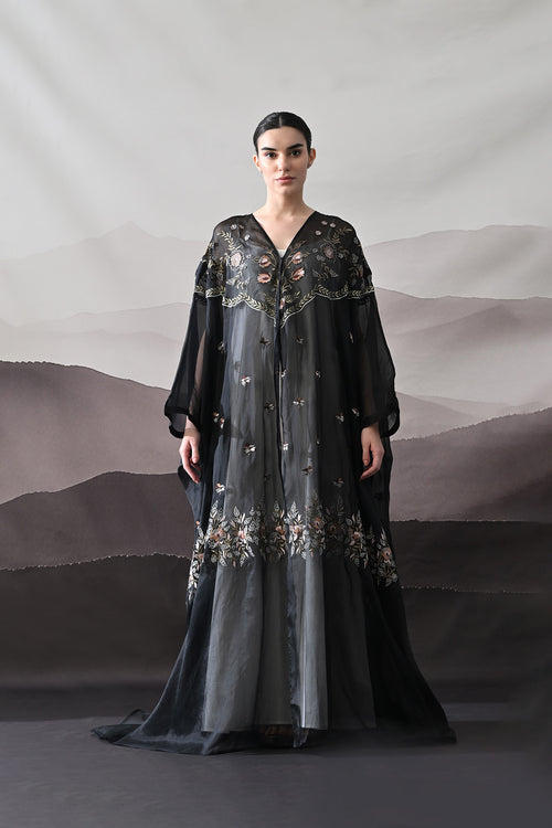 Black Kaftan With Hand-Embroidered Floral Panels