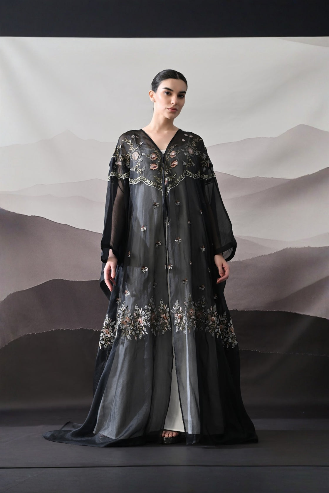 Black Kaftan With Hand-Embroidered Floral Panels