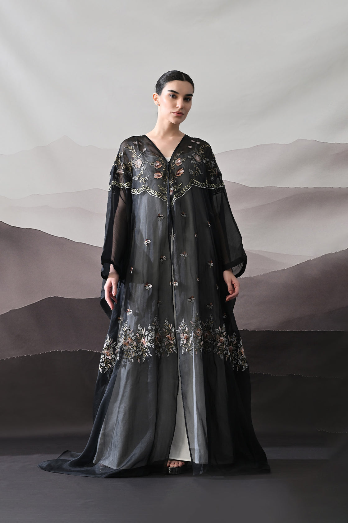 Black Kaftan With Hand-Embroidered Floral Panels