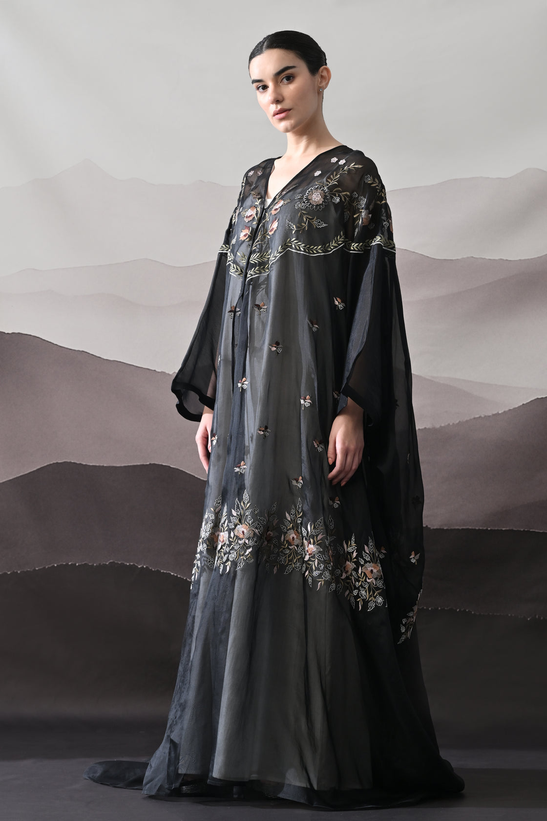 Black Kaftan with Hand-Embroidered Floral Panels