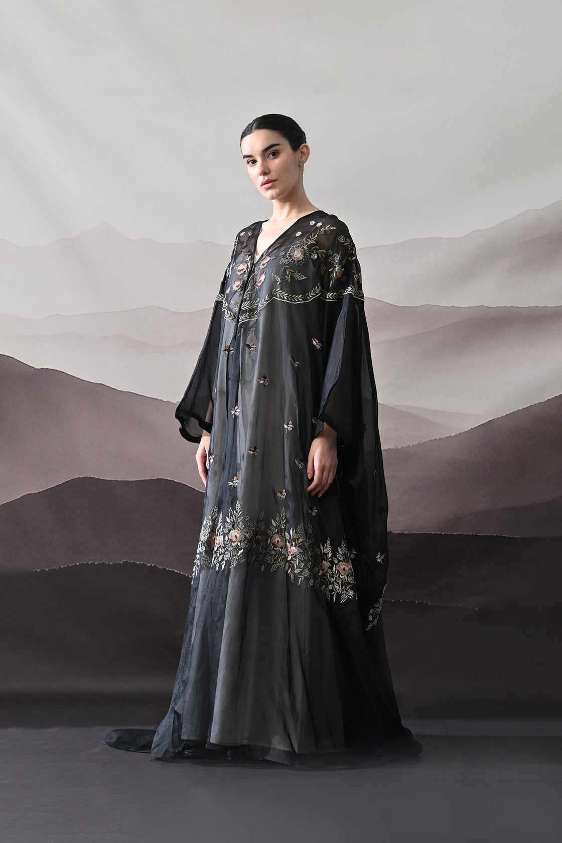 Black Kaftan With Hand-Embroidered Floral Panels