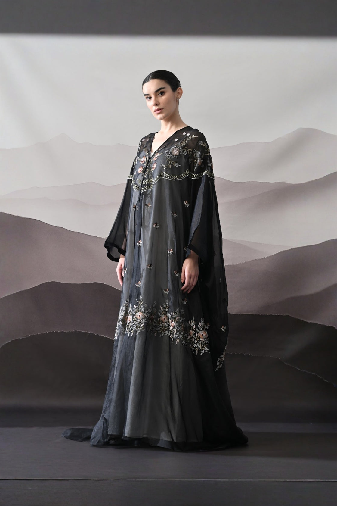 Black Kaftan With Hand-Embroidered Floral Panels