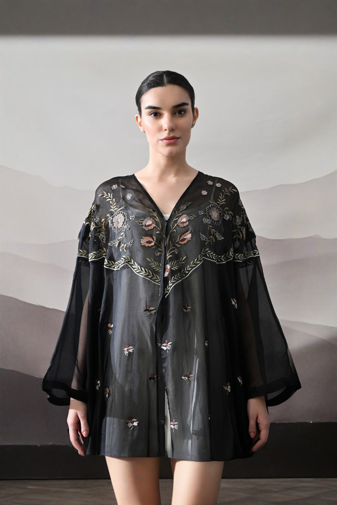 Black Kaftan With Hand-Embroidered Floral Panels