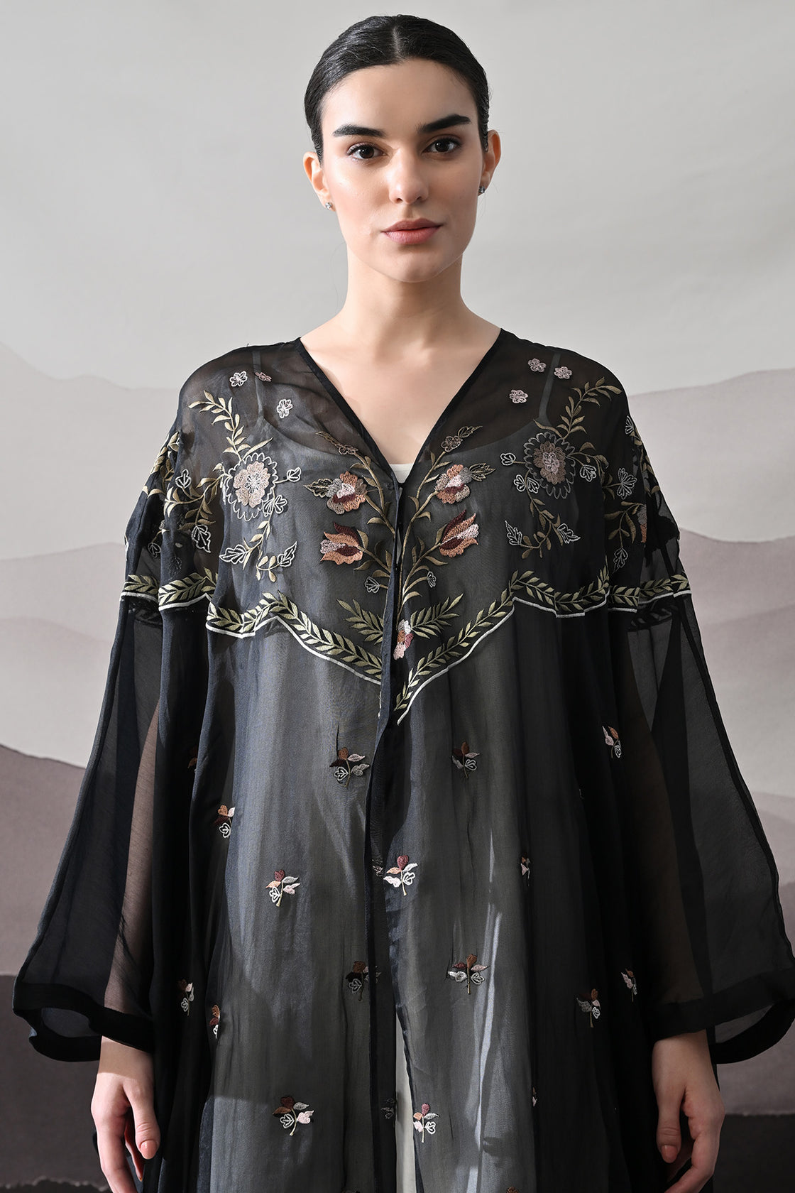 Black Kaftan With Hand-Embroidered Floral Panels
