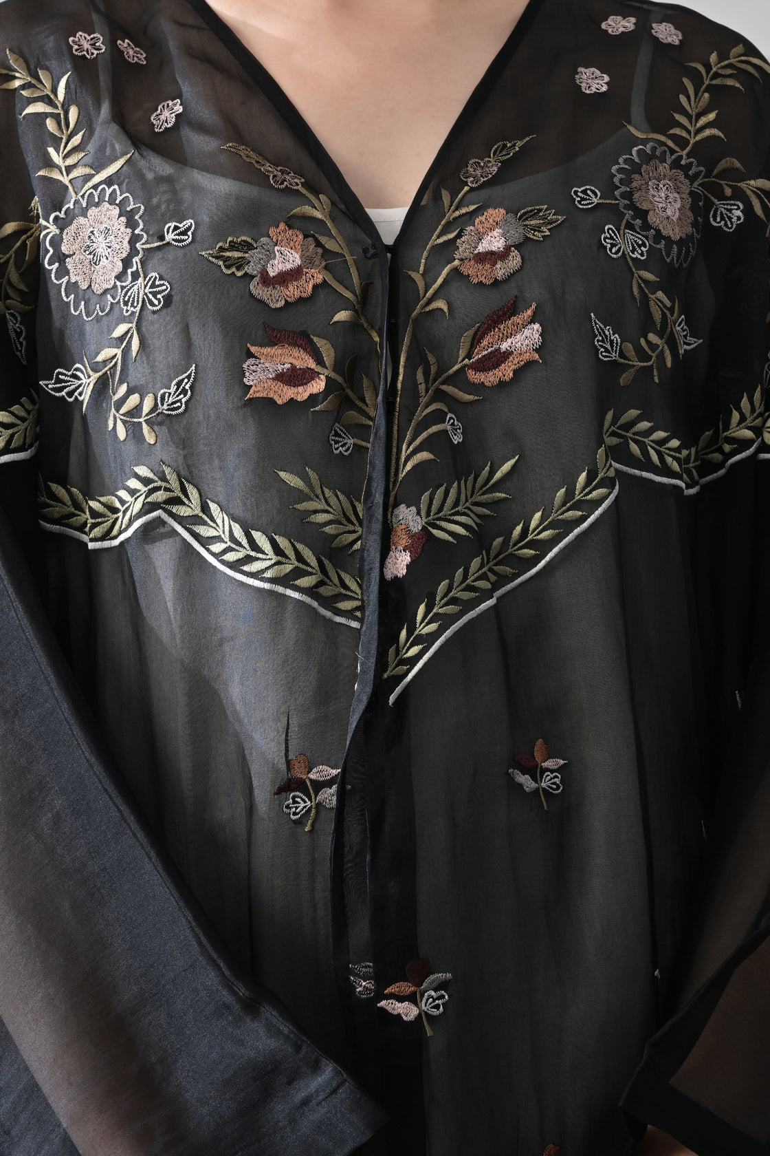 Black Kaftan with Hand-Embroidered Floral Panels