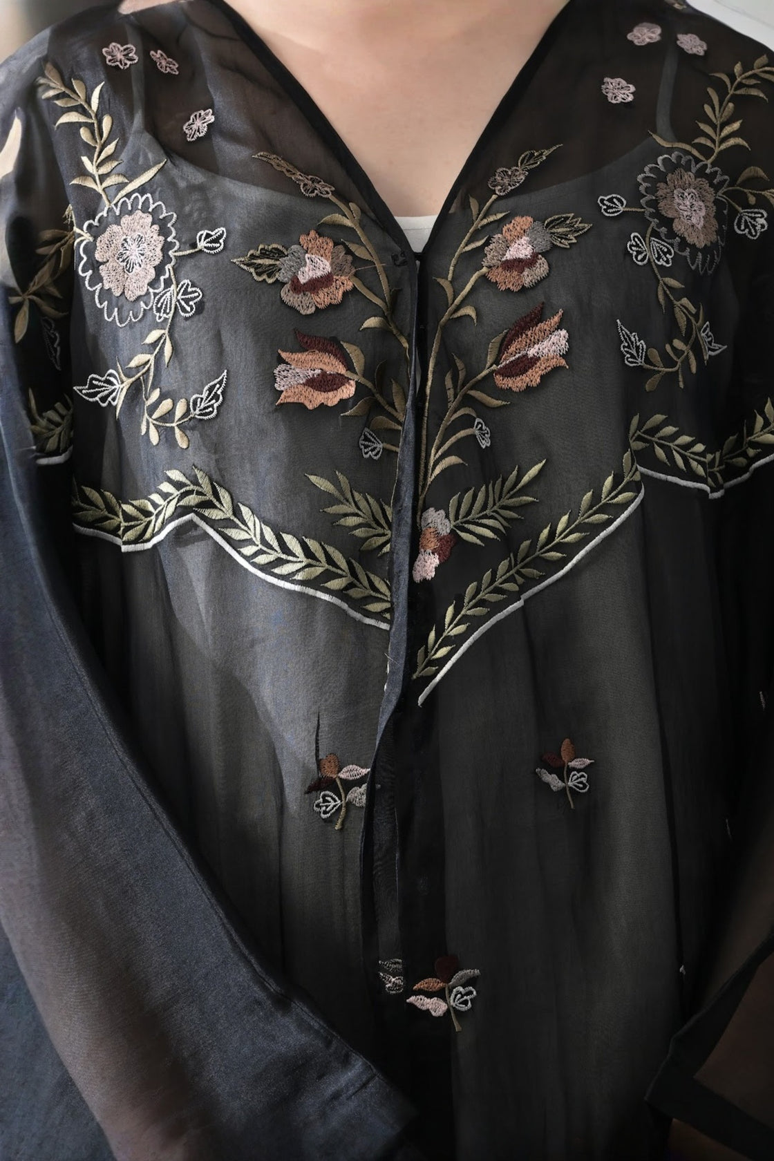 Black Kaftan With Hand-Embroidered Floral Panels