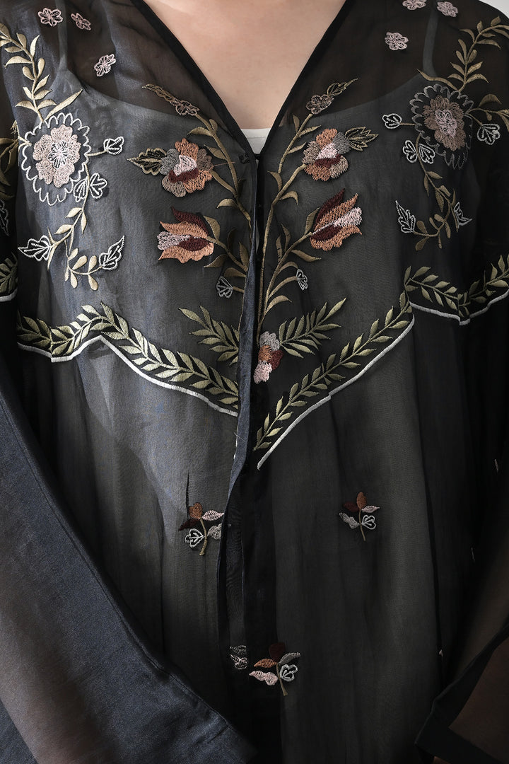 Black Kaftan With Hand-Embroidered Floral Panels
