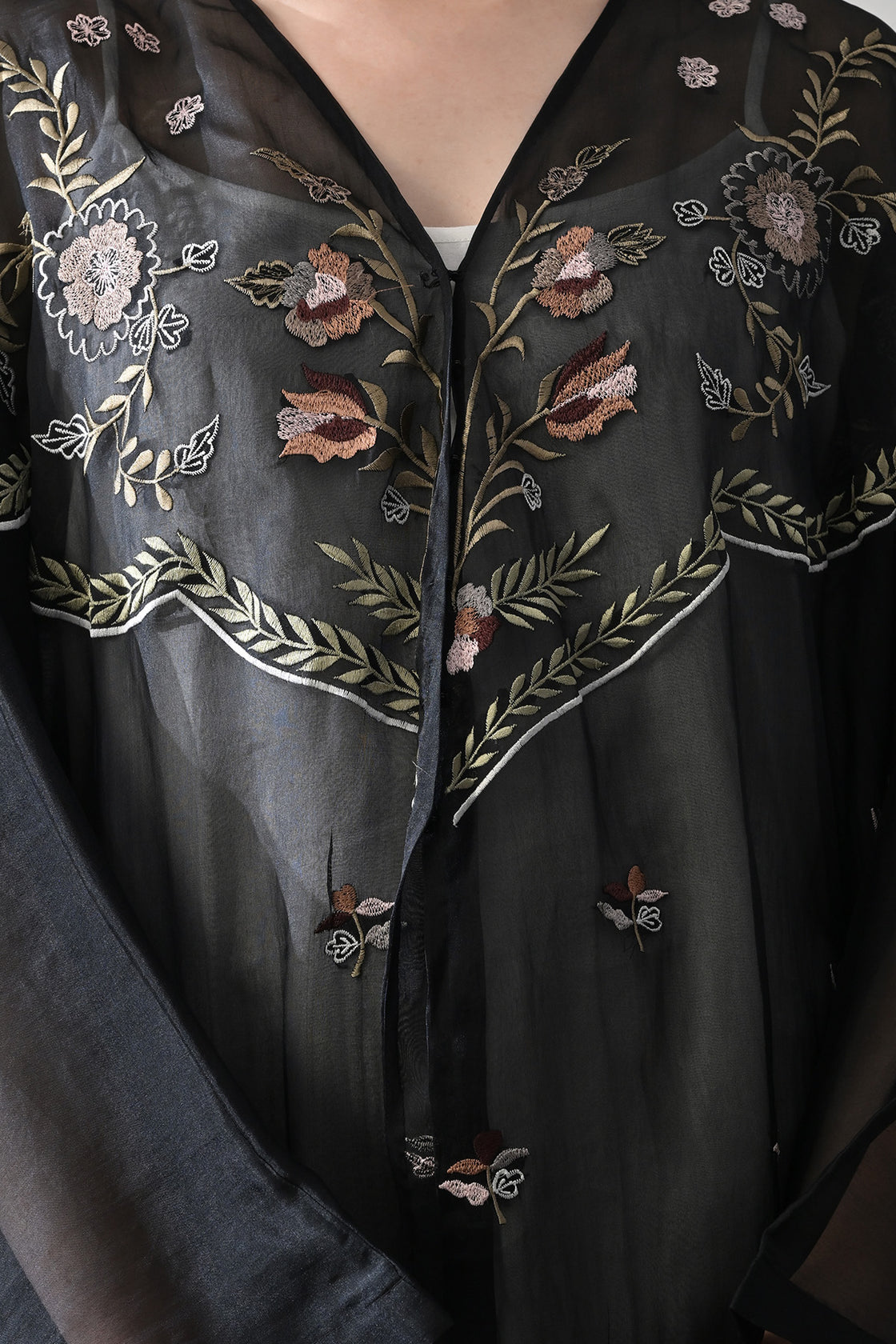 Black Kaftan With Hand-Embroidered Floral Panels