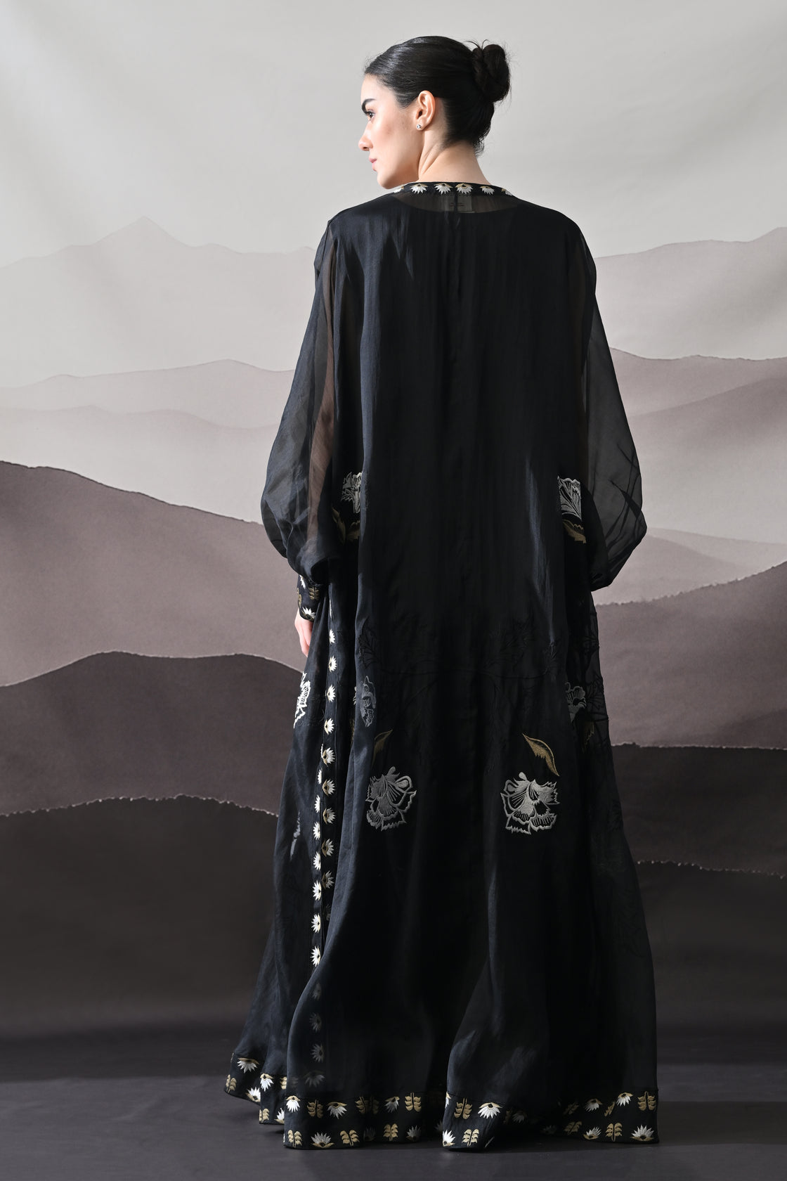 Black Kaftan with Handcrafted Borders and Fluid Silhouette