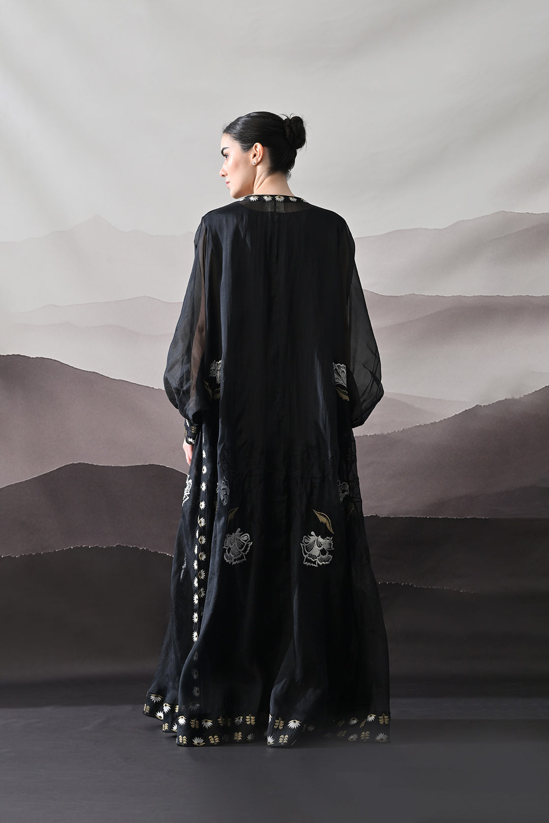 Black Kaftan With Handcrafted Borders And Fluid Silhouette
