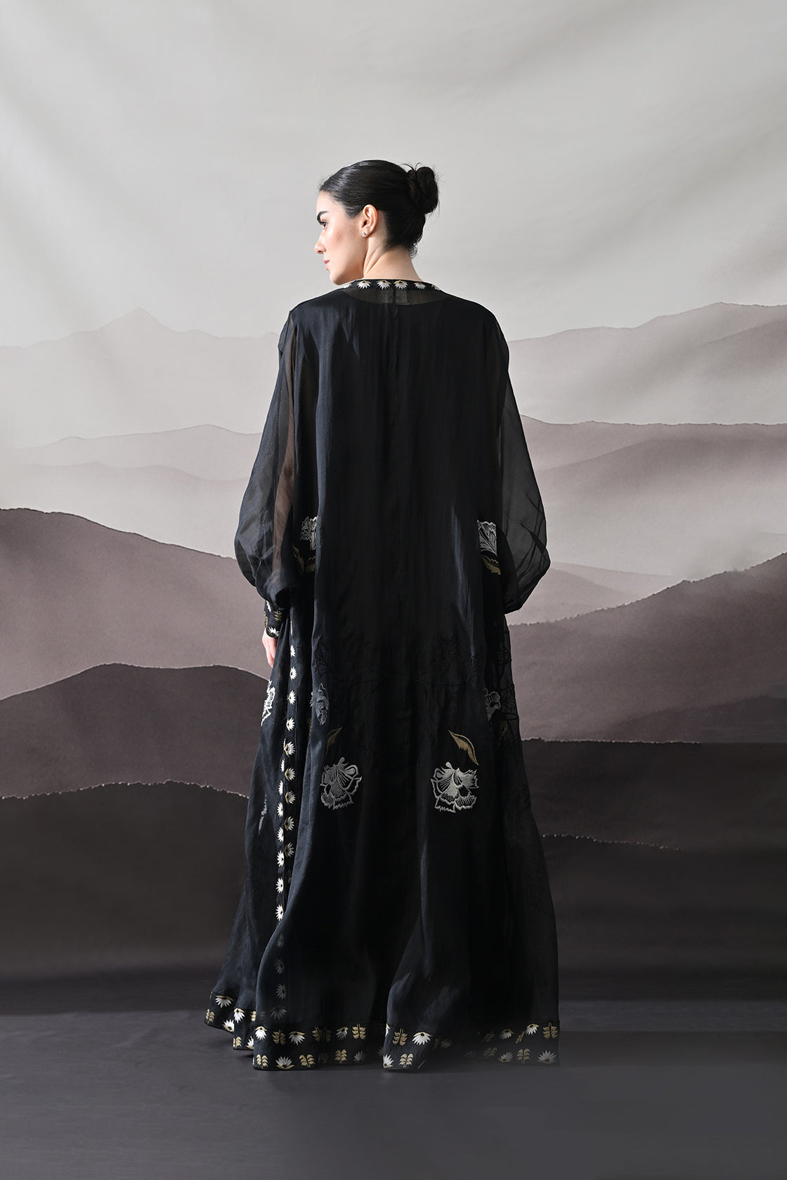 Black Kaftan With Handcrafted Borders And Fluid Silhouette