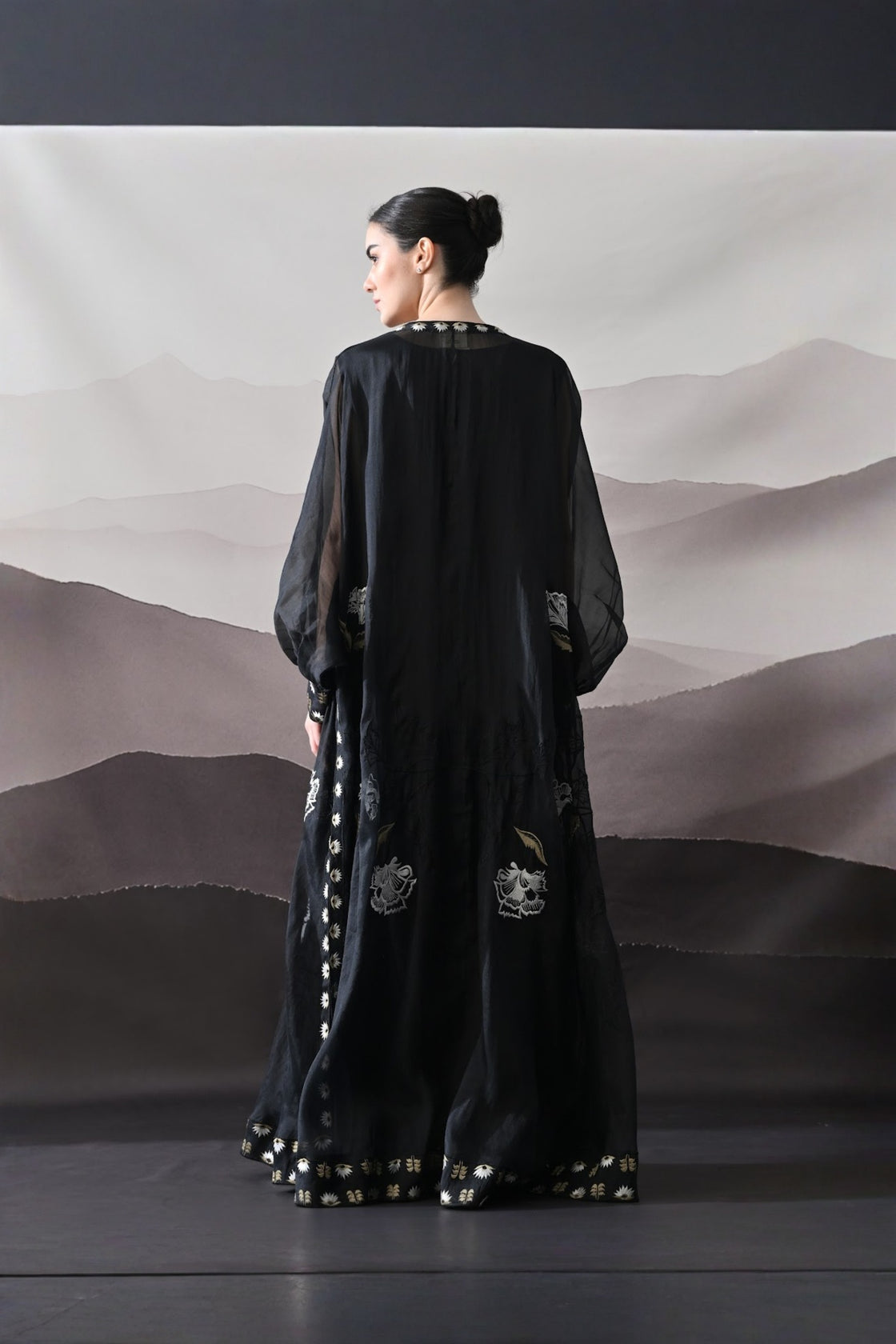 Black Kaftan With Handcrafted Borders And Fluid Silhouette