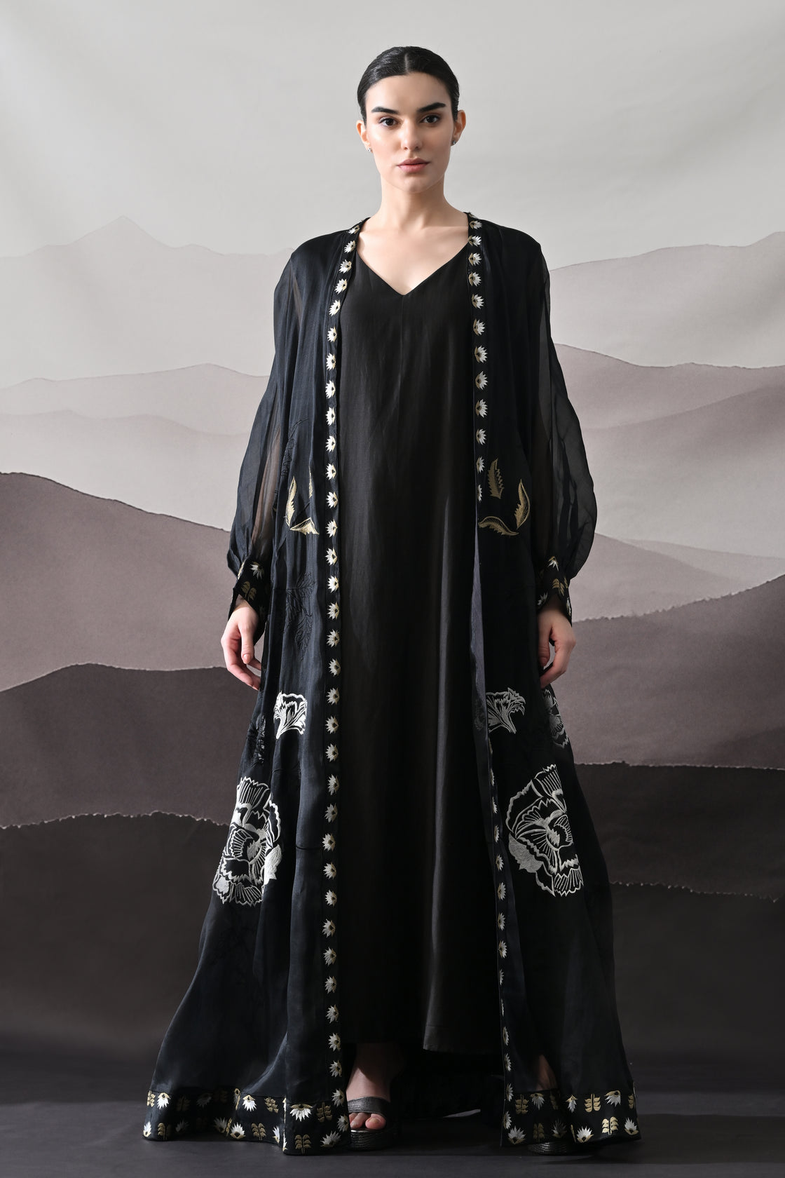 Black Kaftan with Handcrafted Borders and Fluid Silhouette