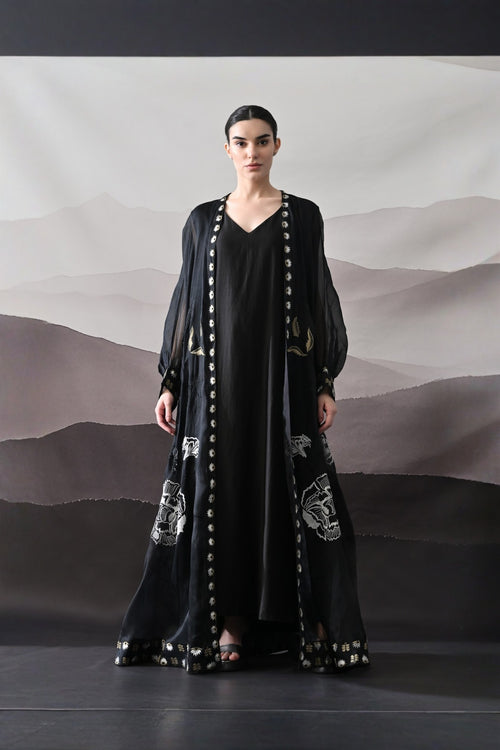 Black Kaftan With Handcrafted Borders And Fluid Silhouette