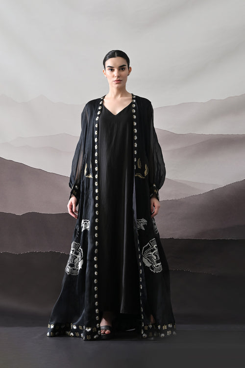 Black Kaftan With Handcrafted Borders And Fluid Silhouette