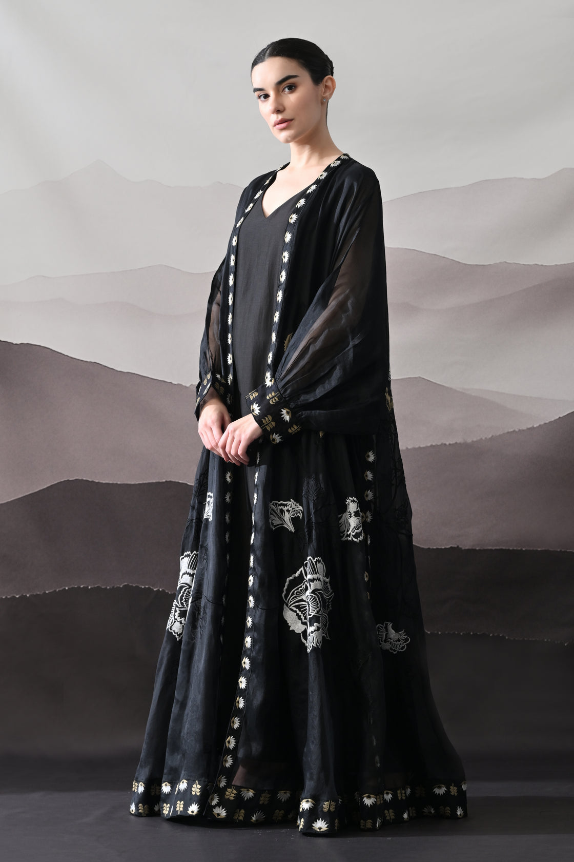 Black Kaftan with Handcrafted Borders and Fluid Silhouette