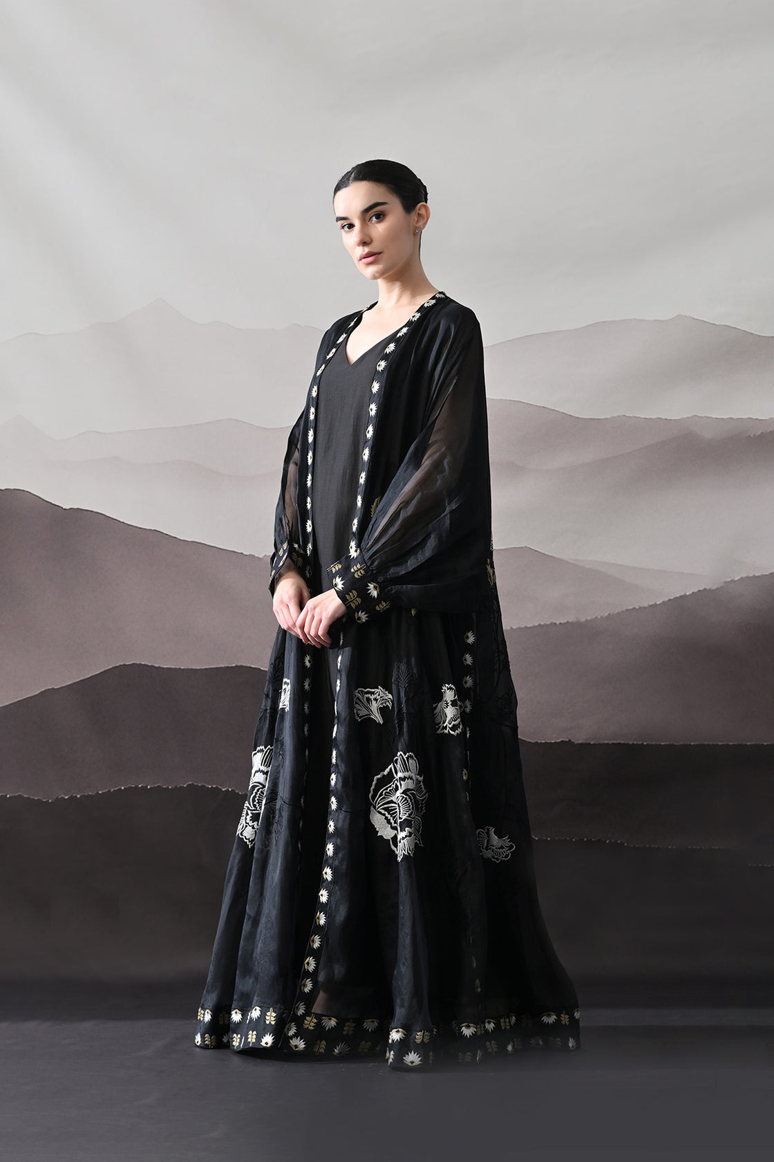 Black Kaftan With Handcrafted Borders And Fluid Silhouette