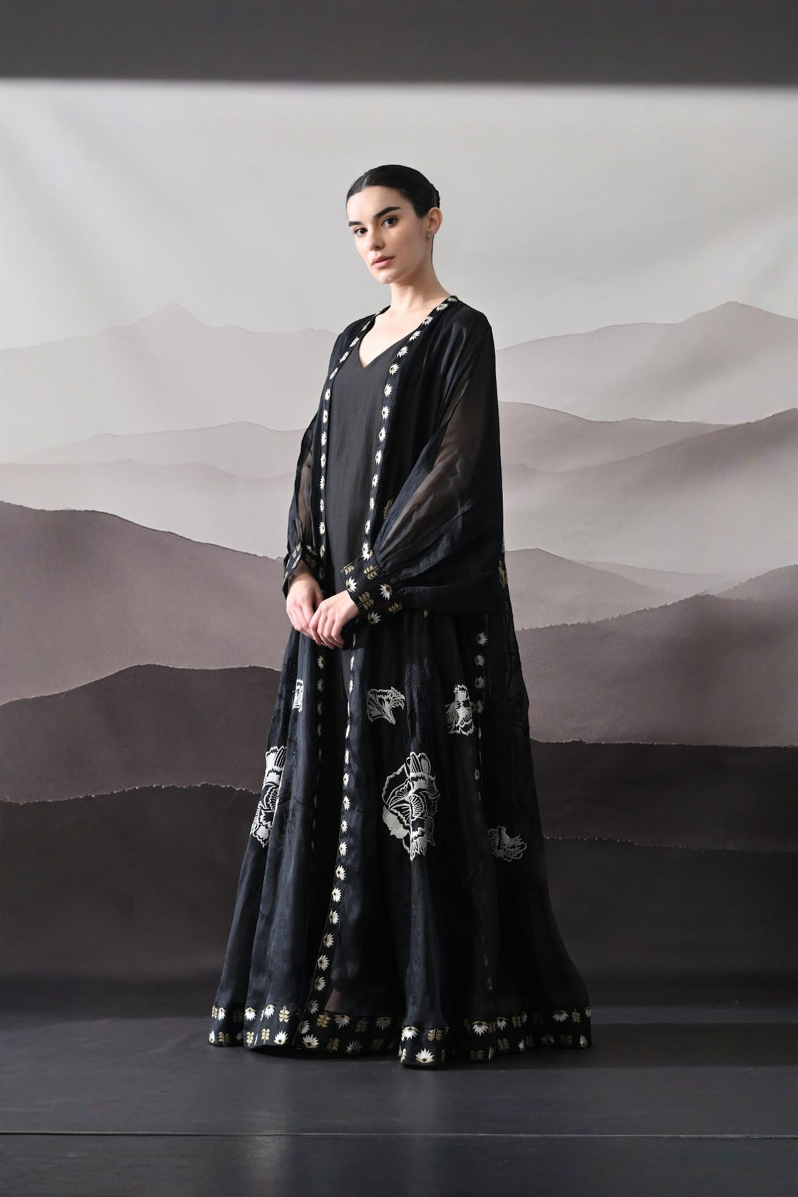 Black Kaftan With Handcrafted Borders And Fluid Silhouette