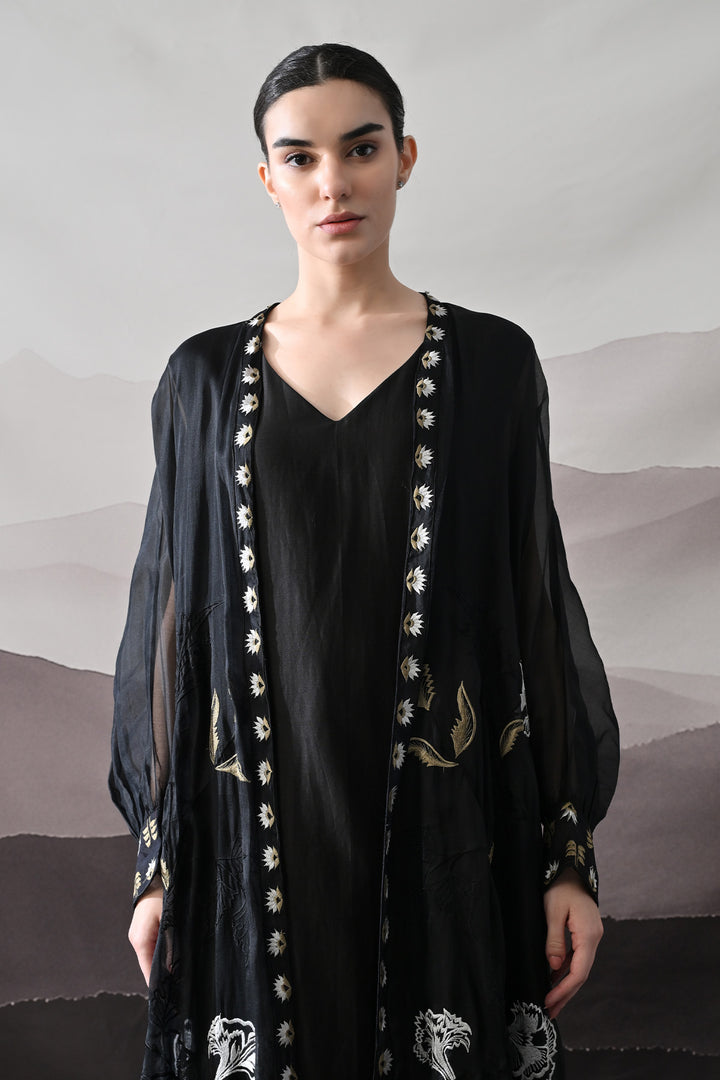 Black Kaftan With Handcrafted Borders And Fluid Silhouette