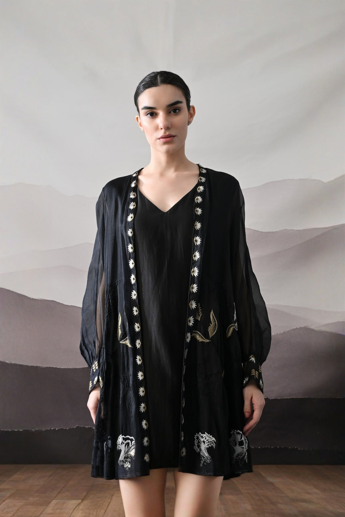 Black Kaftan With Handcrafted Borders And Fluid Silhouette