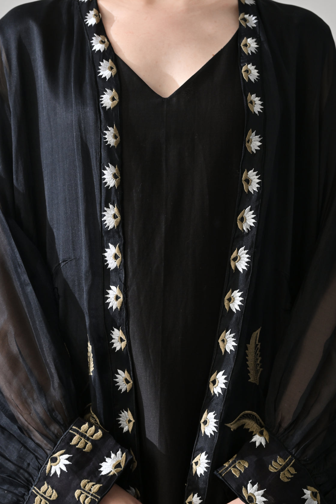 Black Kaftan with Handcrafted Borders and Fluid Silhouette