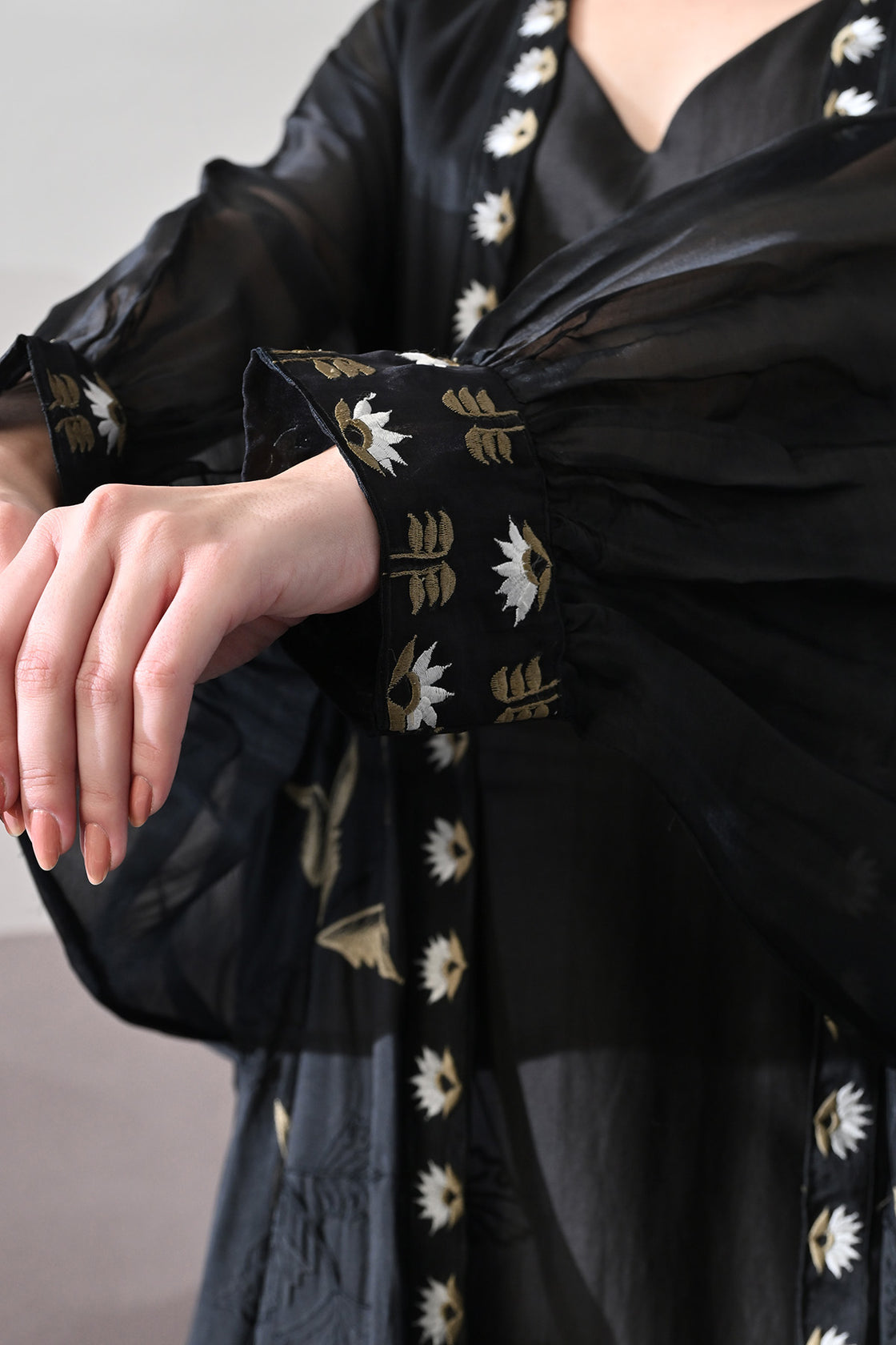 Black Kaftan With Handcrafted Borders And Fluid Silhouette