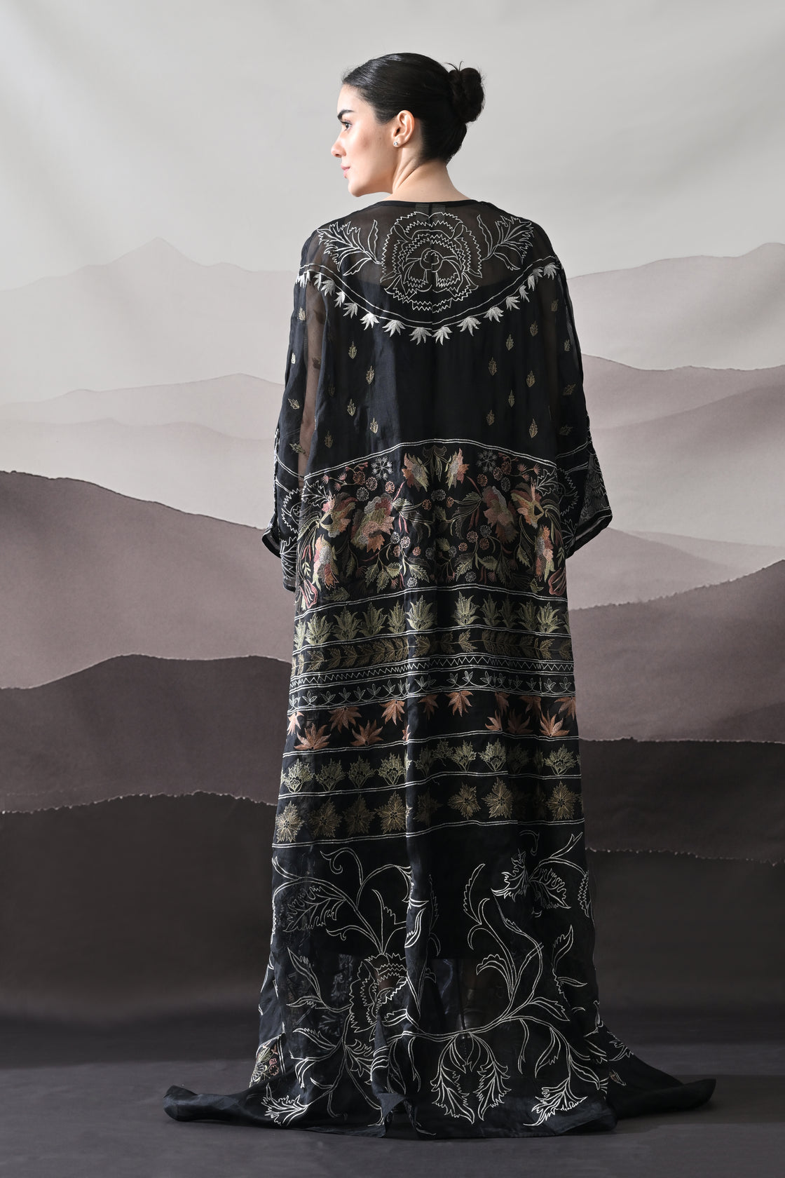 Black Kaftan with Artisanal Floral Placement and Fluid Construction