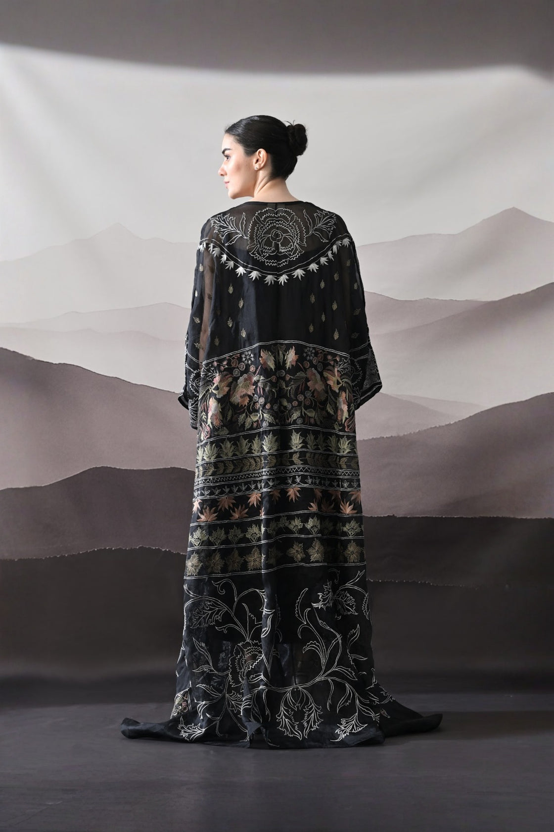 Black Kaftan With Artisanal Floral Placement And Fluid Construction