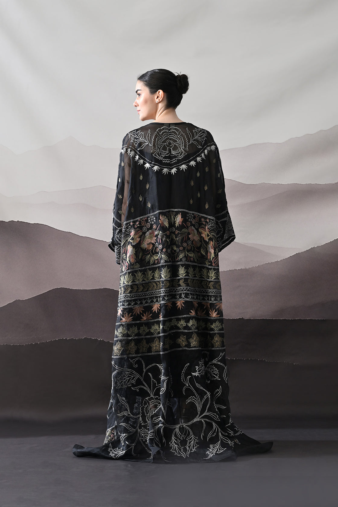 Black Kaftan With Artisanal Floral Placement And Fluid Construction