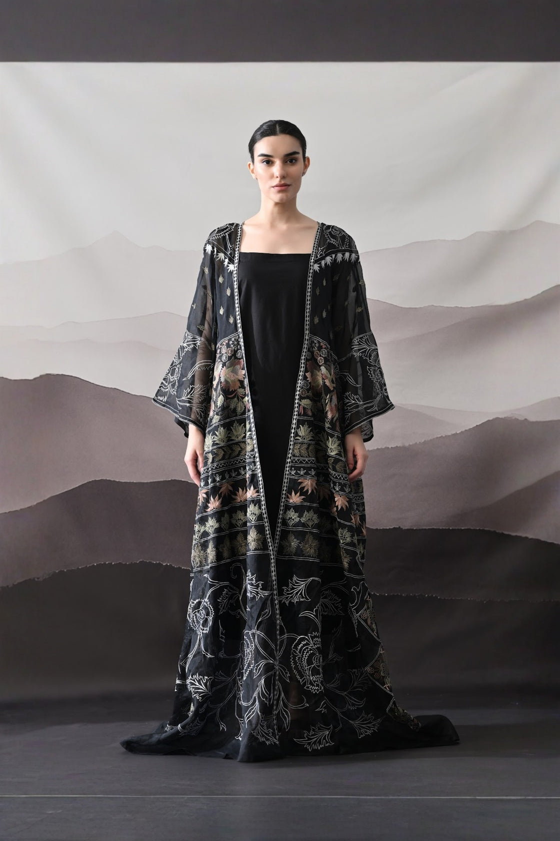 Black Kaftan With Artisanal Floral Placement And Fluid Construction