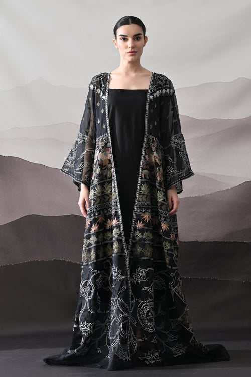 Black Kaftan with Artisanal Floral Placement and Fluid Construction