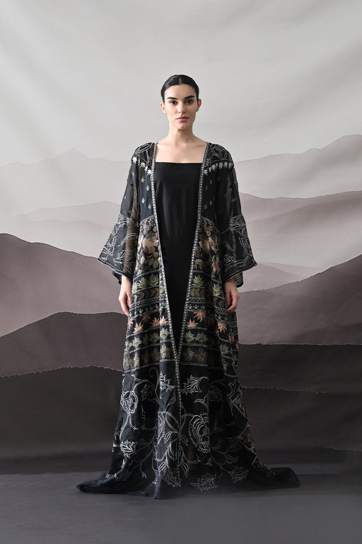 Black Kaftan With Artisanal Floral Placement And Fluid Construction