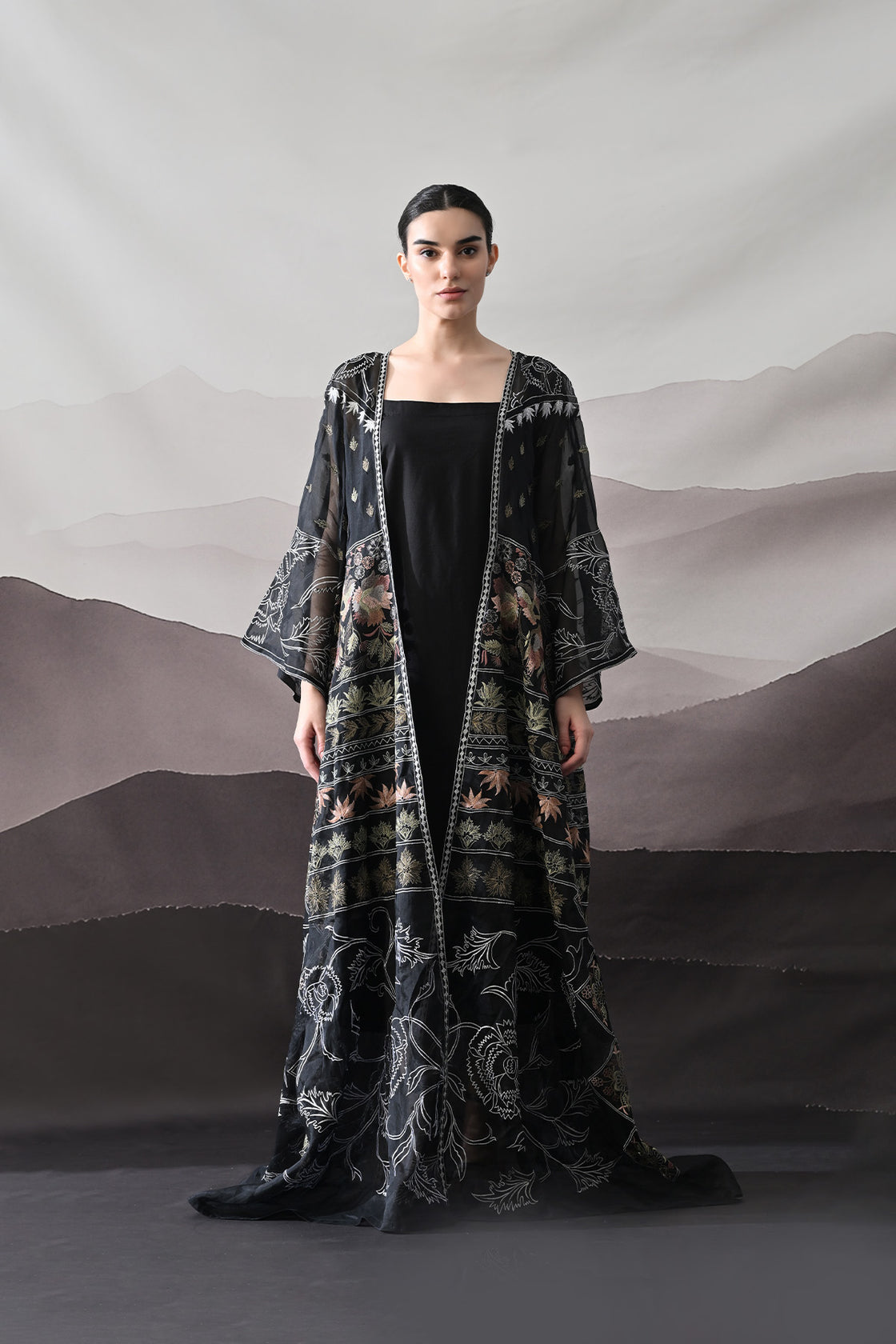 Black Kaftan With Artisanal Floral Placement And Fluid Construction