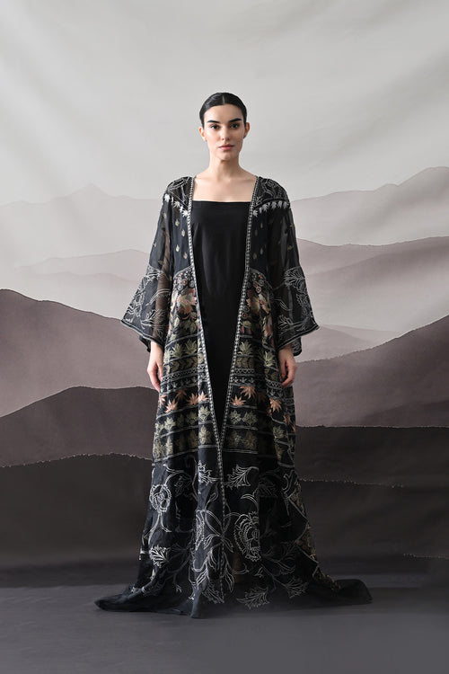 Black Kaftan With Artisanal Floral Placement And Fluid Construction