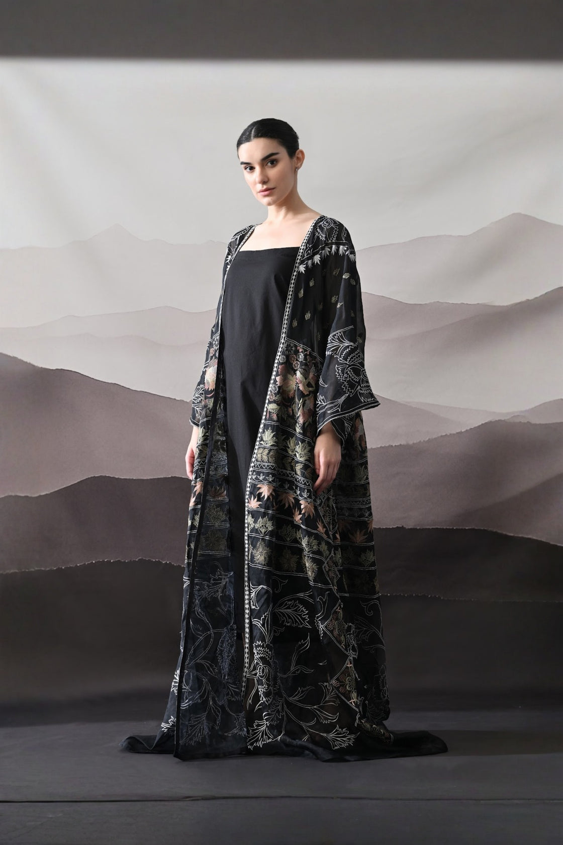 Black Kaftan With Artisanal Floral Placement And Fluid Construction