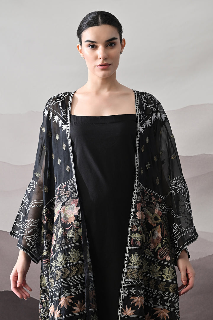 Black Kaftan With Artisanal Floral Placement And Fluid Construction