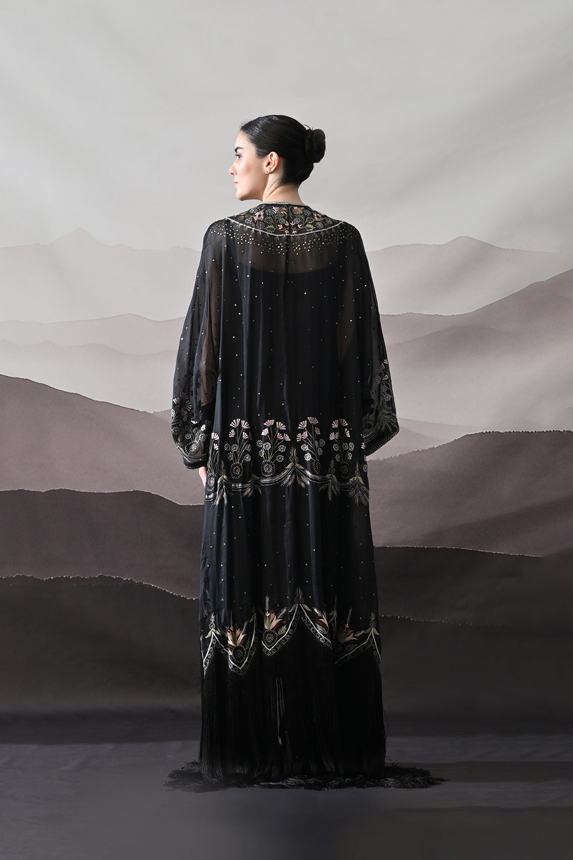 Black Kaftan With Handcrafted Borders And Soft Fringe Detailing