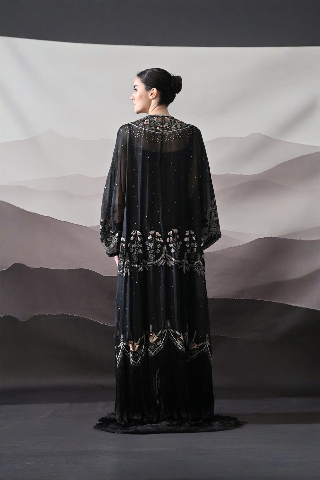 Black Kaftan With Handcrafted Borders And Soft Fringe Detailing