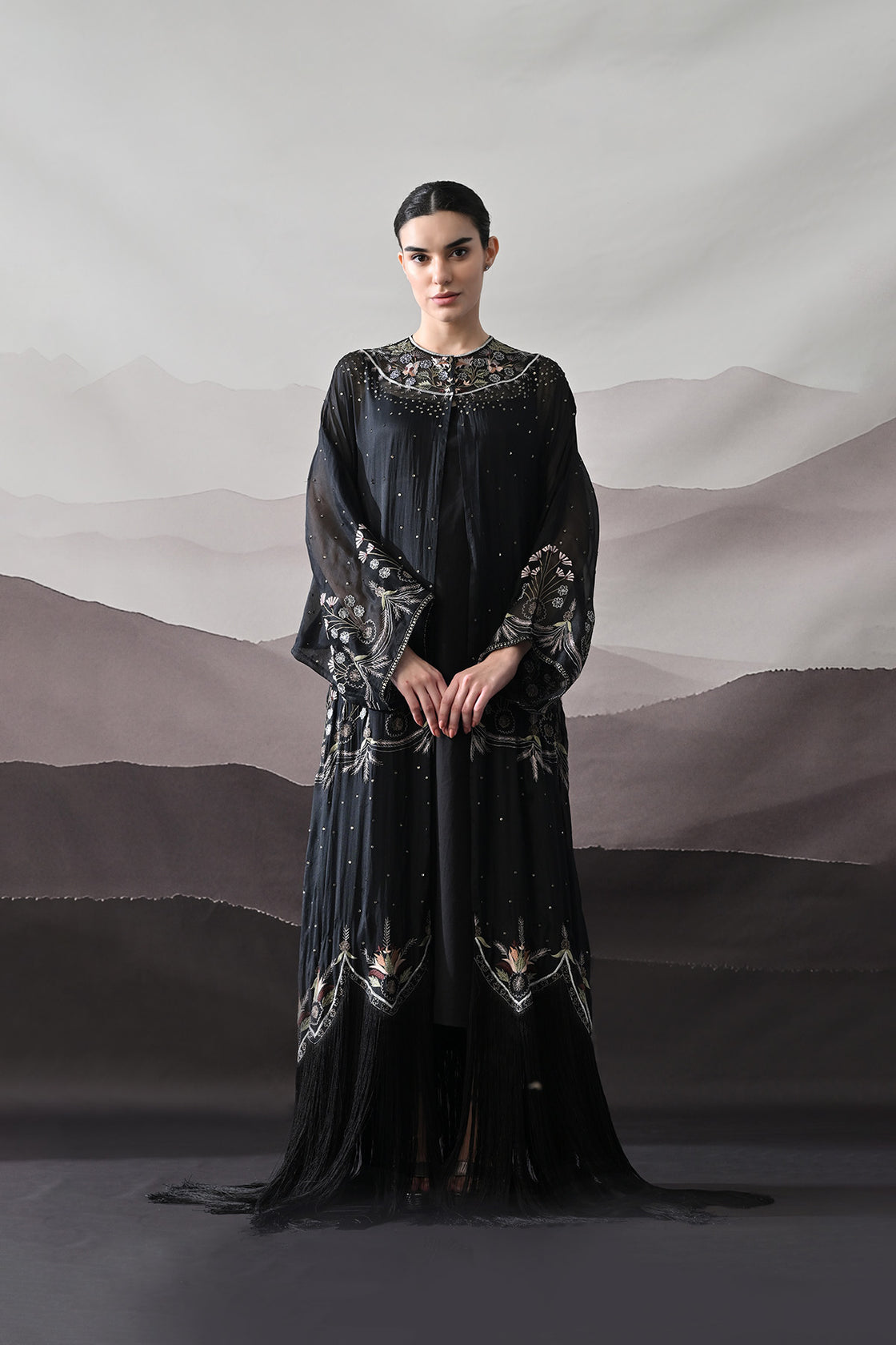 Black Kaftan With Handcrafted Borders And Soft Fringe Detailing