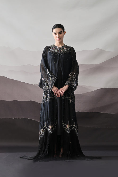 Black Kaftan With Handcrafted Borders And Soft Fringe Detailing