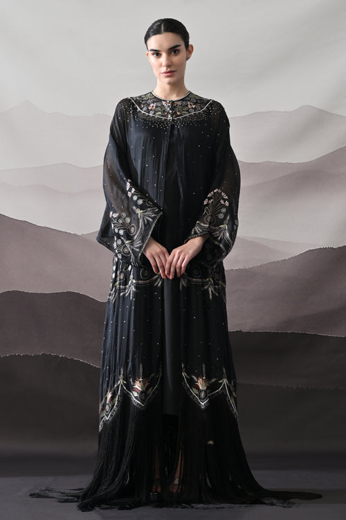 Black Kaftan with Handcrafted Borders and Soft Fringe Detailing
