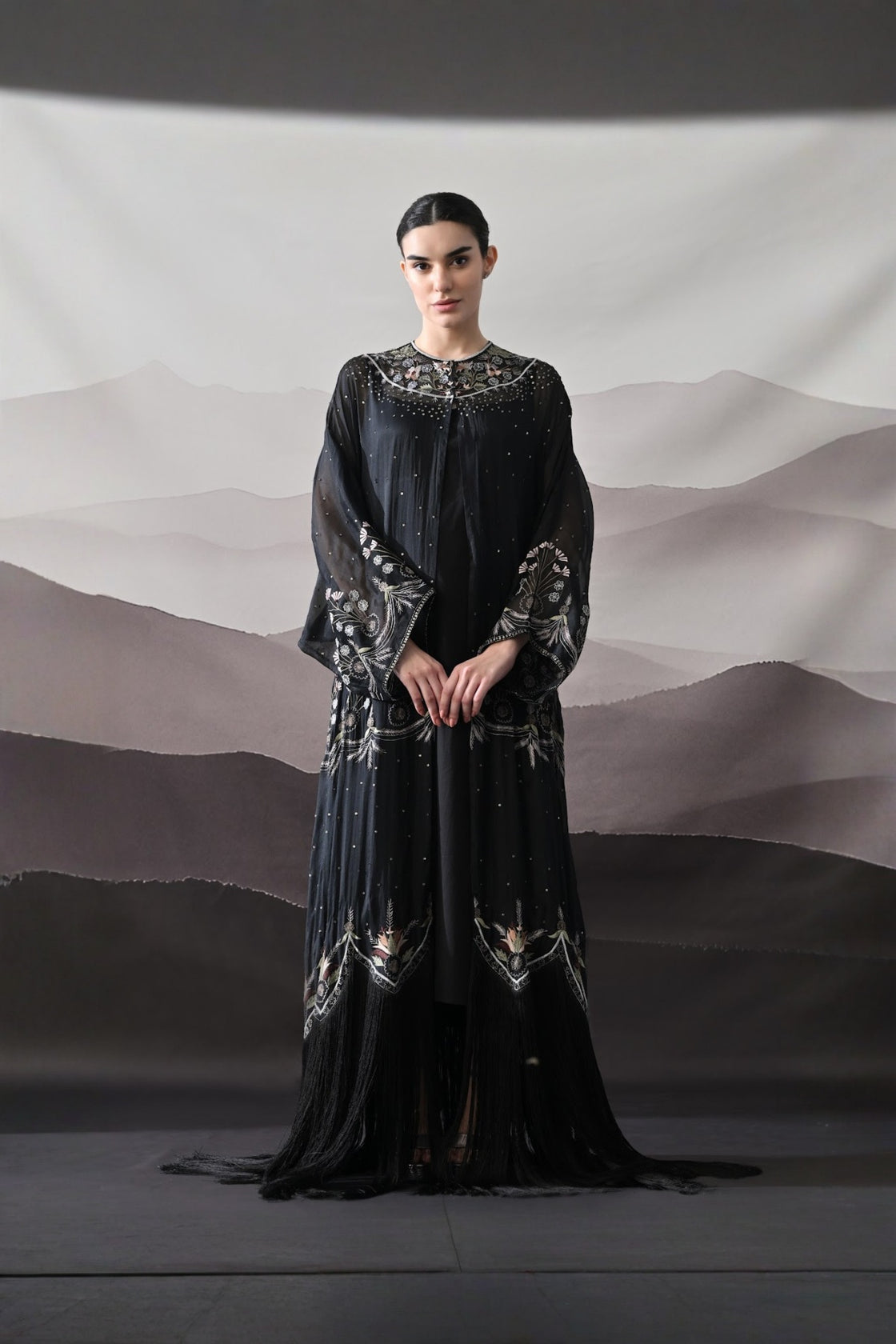 Black Kaftan With Handcrafted Borders And Soft Fringe Detailing