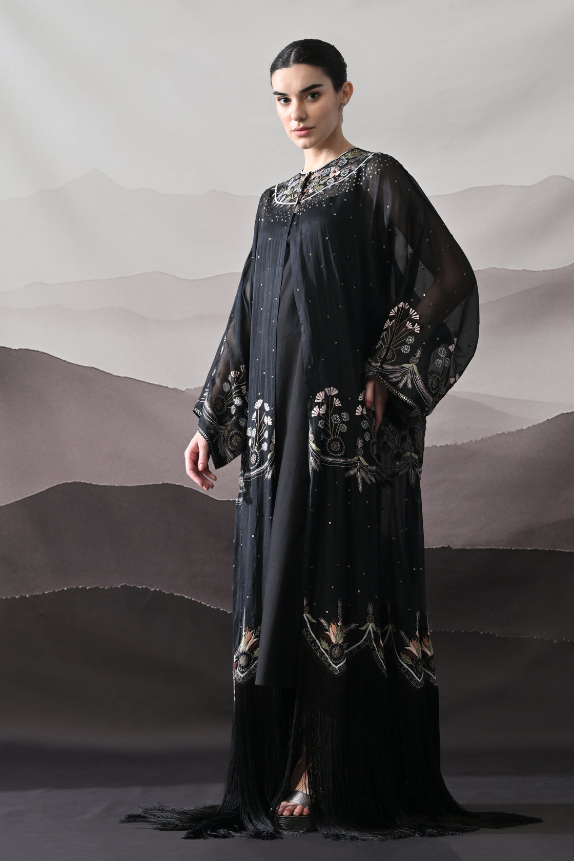 Black Kaftan with Handcrafted Borders and Soft Fringe Detailing