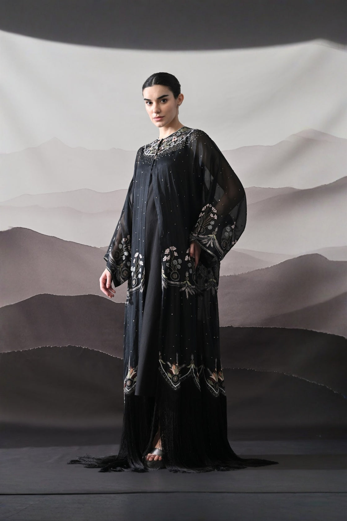 Black Kaftan With Handcrafted Borders And Soft Fringe Detailing