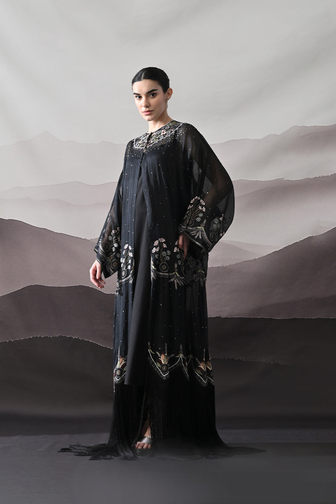 Black Kaftan With Handcrafted Borders And Soft Fringe Detailing