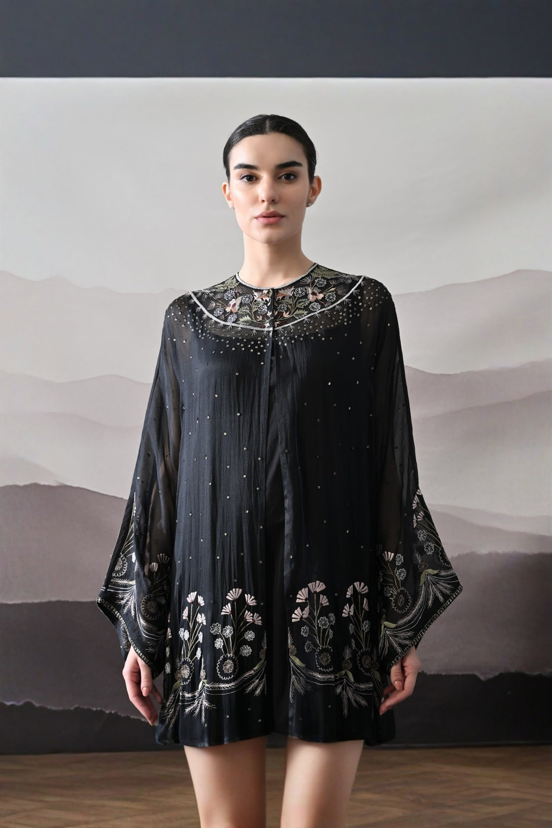 Black Kaftan With Handcrafted Borders And Soft Fringe Detailing